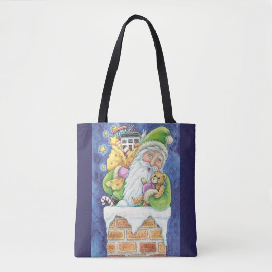 Tote Bag Noël mignon, Père Noël à Chimney avec jouets (Devant)