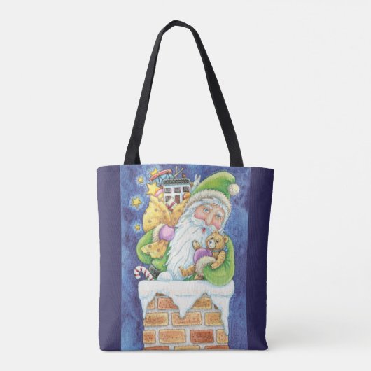 Tote Bag Noël mignon, Père Noël à Chimney avec jouets (Dos)