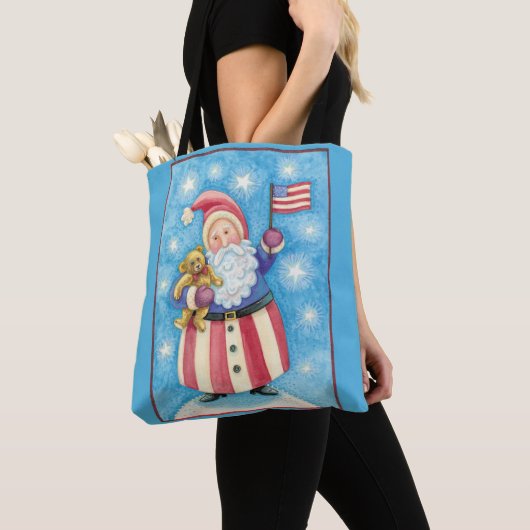 Tote Bag Noël mignon, Père Noël patriotique avec drapeau (De près)