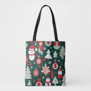 Tote Bag Noël motif bonhomme de neige père Noël arbres déco