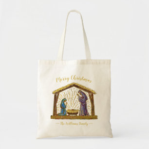Tote Bag Noël Nativité Manger Gold Nom de famille
