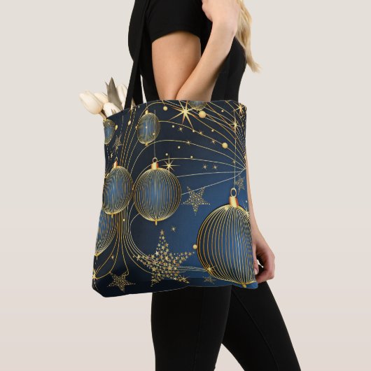 Tote Bag Noël Ornements dorés Marine Bleu Vacances Fourre-t (De près)