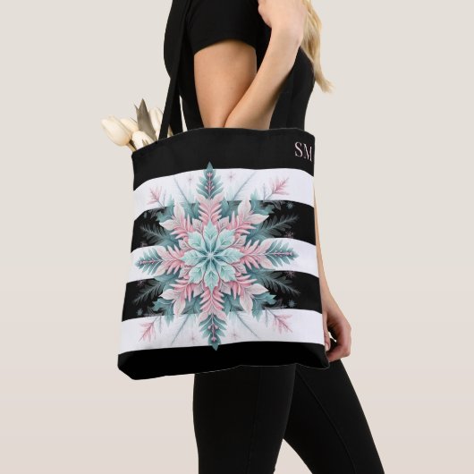 Tote Bag Noël rose Turquoise Thème Snowflake (De près)