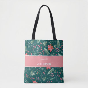 Tote Bag Noël Rouge Fleurs vert foncé Monogramme
