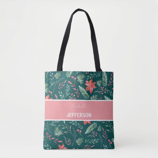 Tote Bag Noël Rouge Fleurs vert foncé Monogramme (Devant)