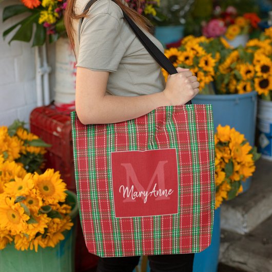 Tote Bag Noël Rustique Monogramme Rouge Vacances Plaid