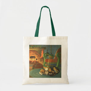 Tote Bag Noël vintage, Animaux endormis près de la cheminée