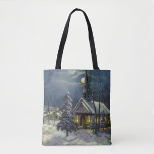 Tote Bag Noël vintage, église d'hiver dans la neige avec la
