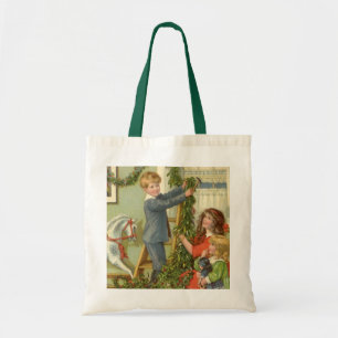 Tote Bag Noël vintage, enfants victoriens décorant