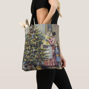 Tote Bag Noël vintage, famille victorienne autour de l'arbr