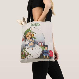 Tote Bag Noël vintage, fille heureuse jouant avec des poupé