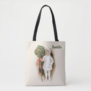 Tote Bag Noël vintage, fille victorienne avec houx