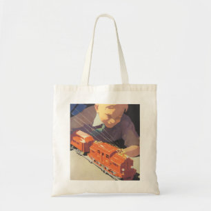 Tote Bag Noël Vintage, Garçon Jouant avec des Toys Trains