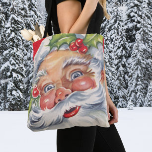 Tote Bag Noël vintage, joyeux Père Noël avec son chapeau