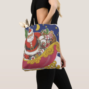 Tote Bag Noël vintage, joyeux Père Noël avec traîneau