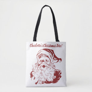 Tote Bag Noël vintage, joyeux Père Noël en rouge rétro