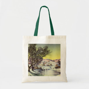 Tote Bag Noël vintage, lac gelé avec patineurs