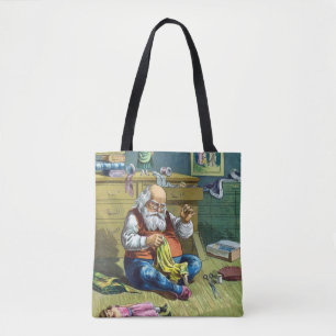 Tote Bag Noël vintage, le Père Noël fabrique des poupées jo