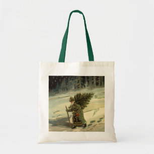 Tote Bag Noël vintage, le Père Noël portant un arbre