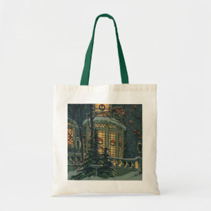 Tote Bag Noël vintage, maison avec couronnes dans les fenêt