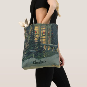 Tote Bag Noël vintage, maison avec couronnes dans les fenêt
