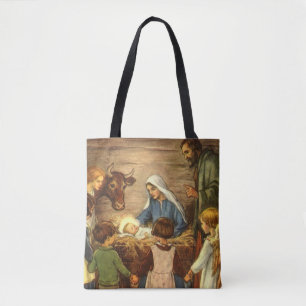 Tote Bag Noël Vintage, Nativité Religieuse avec Bébé Jésus