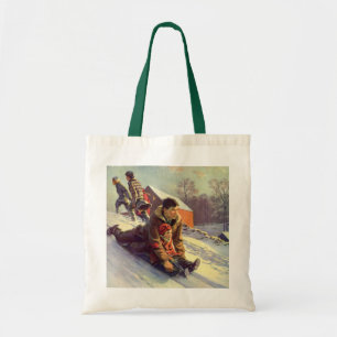 Tote Bag Noël vintage, père et fille faisant de la luge
