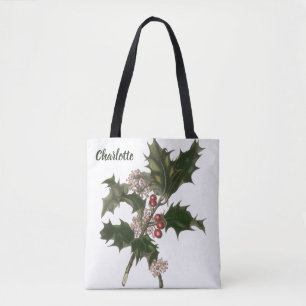 Tote Bag Noël vintage, plante de houx avec des baies rouges