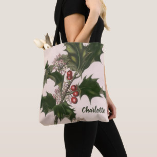 Tote Bag Noël vintage, plante de houx avec des baies rouges