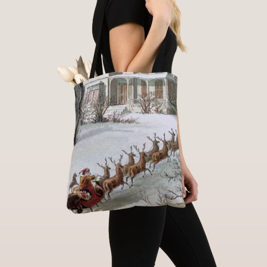 Tote Bag Noël vintage, Saint Nicolas avec rennes (De près)