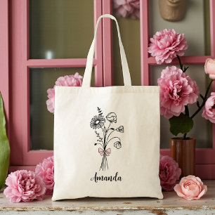 Tote Bag Nœud rose floral personnalisé pour demoiselle d'ho