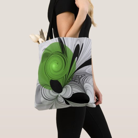 Tote Bag Noir Abstrait et blanc avec art fractal vert (De près)
