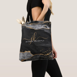 Tote Bag Noir Agate Script Monogramme Parties scintillant o