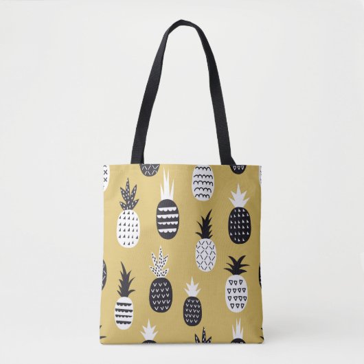 Tote Bag Noir, ananas blanc, arrière - plan jaune (Devant)
