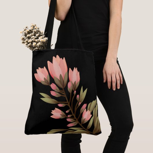 Tote Bag Noir avec des fleurs roses (De près)