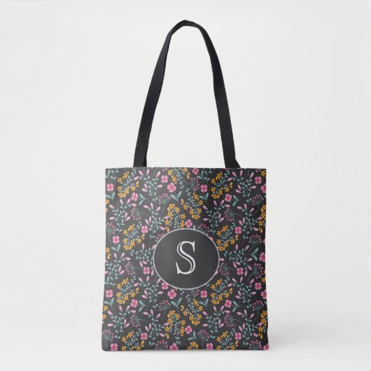 Tote Bag Noir avec Monogramme floral rose et jaune (Devant)