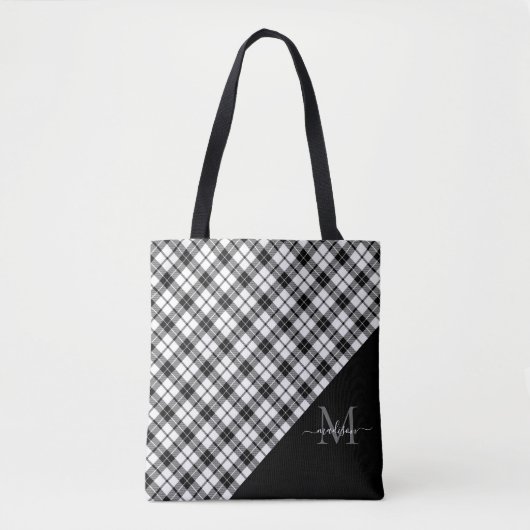 Tote Bag Noir Blanc Buffalo Check Plaid Élégant Monogramme (Devant)