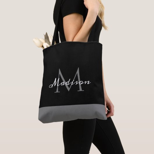 Tote Bag Noir blanc moderne Script Monogramme Nom (De près)