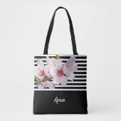 Tote Bag Noir blanc rayures rose cerisier fleuron nom (Devant)