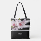 Tote Bag Noir blanc rayures rose cerisier fleuron nom (Dos)