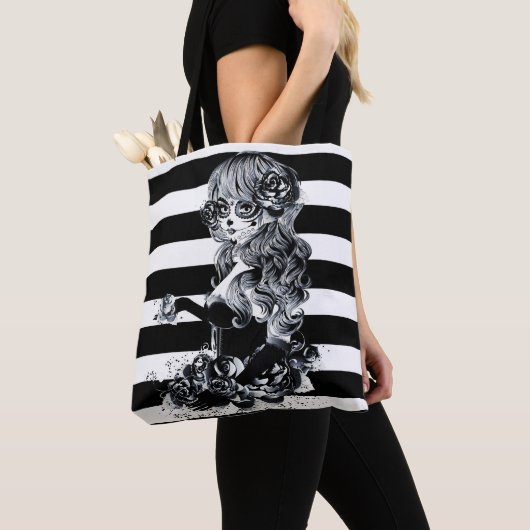 Tote Bag Noir & Blanc Striped Joli Crâne de sucre fille (De près)