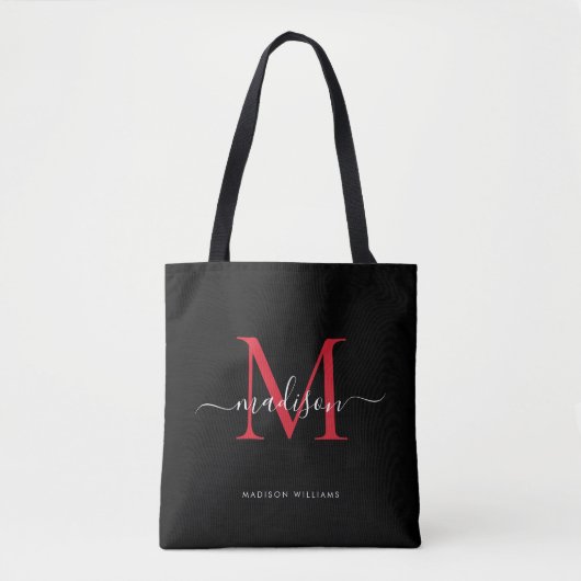 Tote Bag Noir Bourgogne Rouge Monogramme Nom initial (Devant)
