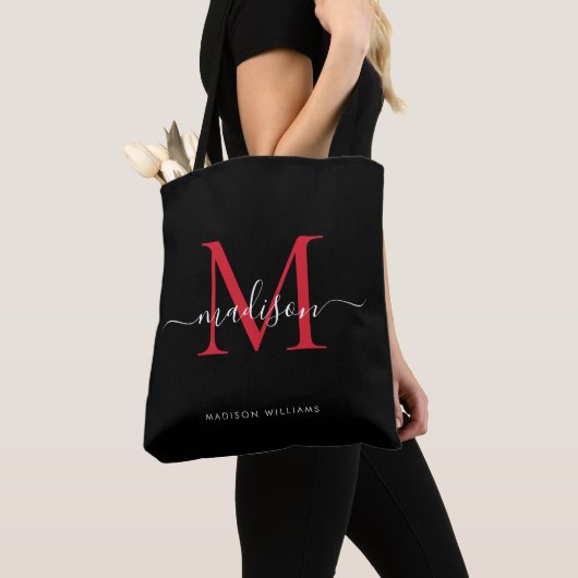 Tote Bag Noir Bourgogne Rouge Monogramme Nom initial (De près)