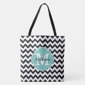 Tote Bag Noir Chevron Aqua Monogramme & Nom personnalisé (Devant)