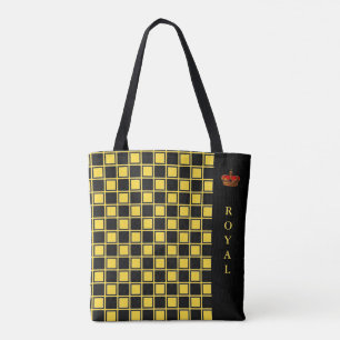 Tote Bag Noir chic, & jaune à carreaux & calligraphie