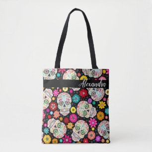 Tote Bag Noir coloré de fiesta de crâne et de fleur de