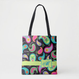 Tote Bag Noir coloré moderne Motif Monogramme Paisley