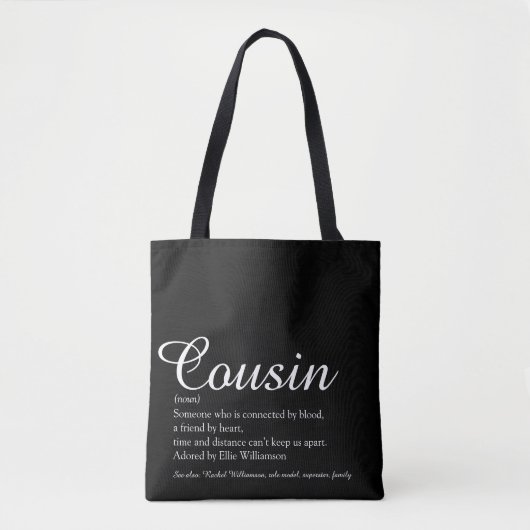 Tote Bag Noir et blanc Élégant Script Cousin Définition (Devant)