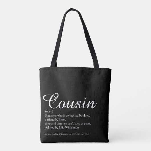 Tote Bag Noir et blanc Élégant Script Cousin Définition (Dos)