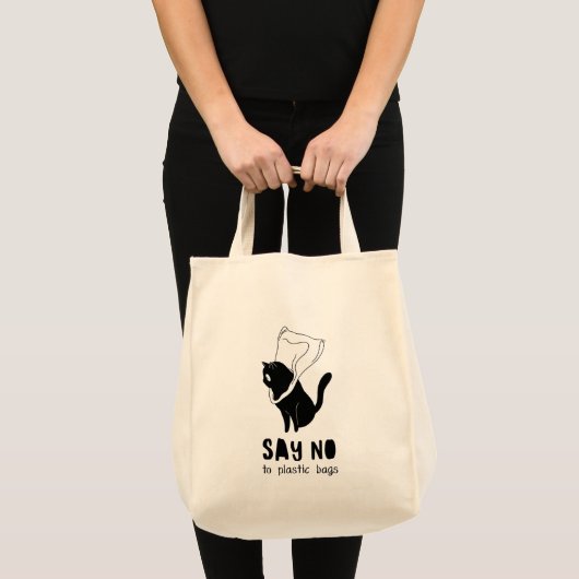 Tote Bag Noir et blanc Funny "Dites non au plastique" (Devant (produit))